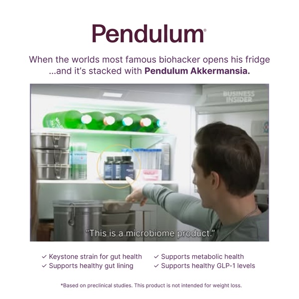 A split-view image featuring a biohacker showcasing a supplement in his fridge, paired with clear bulleted benefits and a product spotlight.
